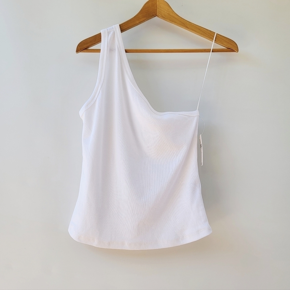 Anthropologie Pilcro New White Ribbed One Shoulder Tank Top Size Large Neutral - Picture 2 of 15